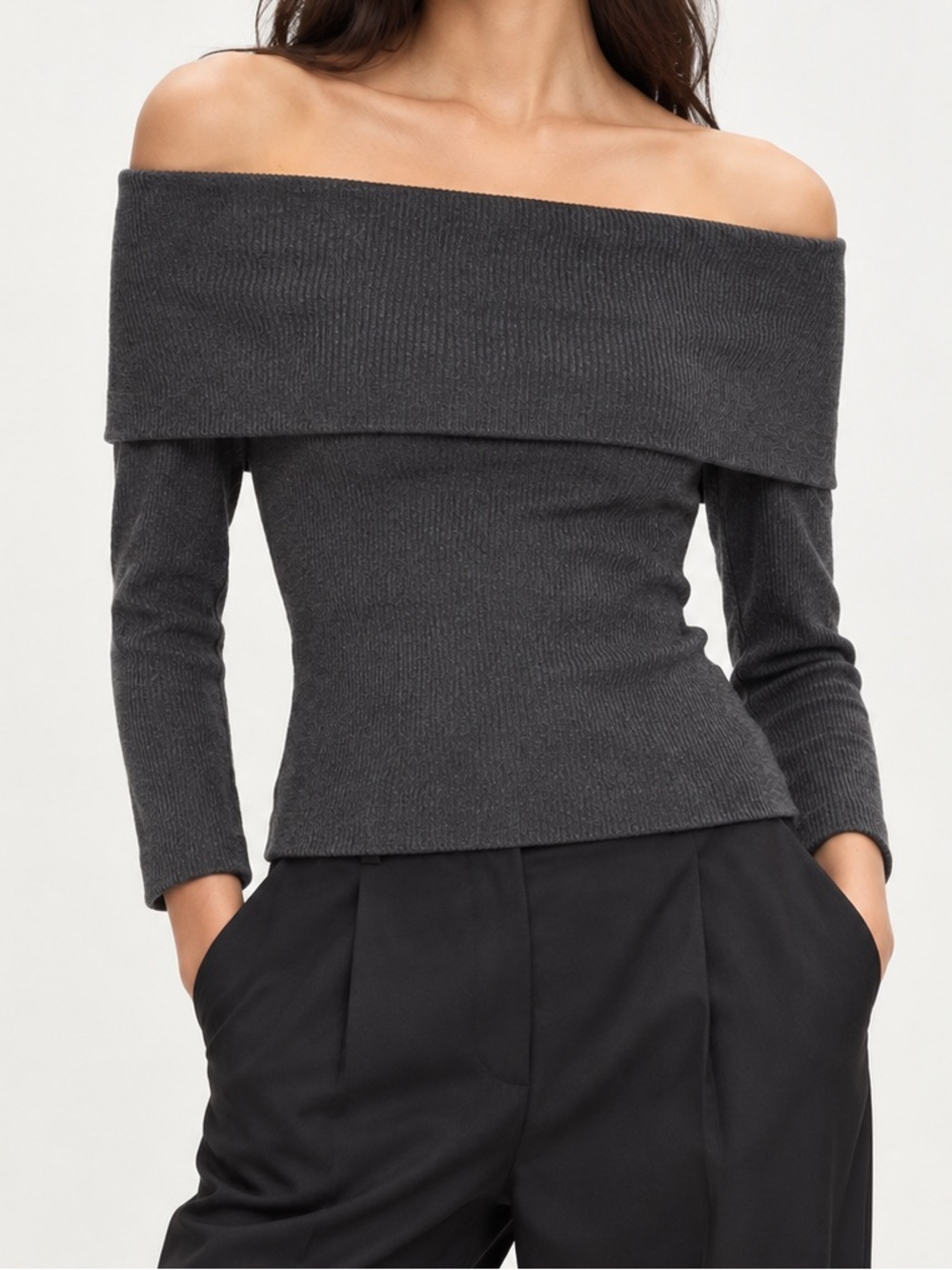 Wilfred Off the Shoulder Ribbed Sweater in Charcoal Gray - XS